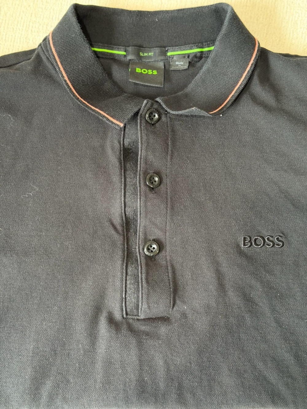BOSS Black Polo with Orange Trim and Green Neck Accent